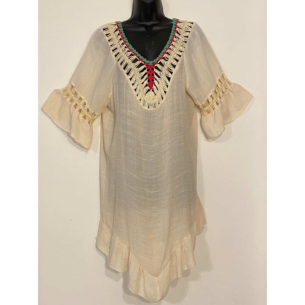 Beach‎ by Exist Crochet Tassel Boho Swim Cover Up Dress Cream Bell Sleeve S/M